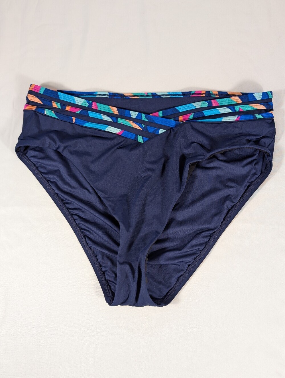 New La Blanca High Waisted Navy Bikini Bottom & Tropical Color Waistband Size 14